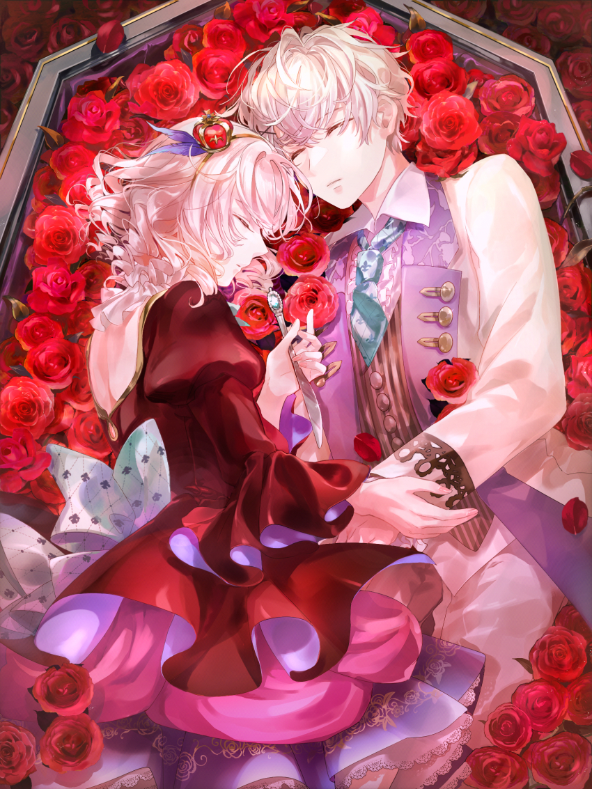 1boy, 1girl, blonde_hair, closed_eyes, closed_mouth, curly_hair, dress, flower