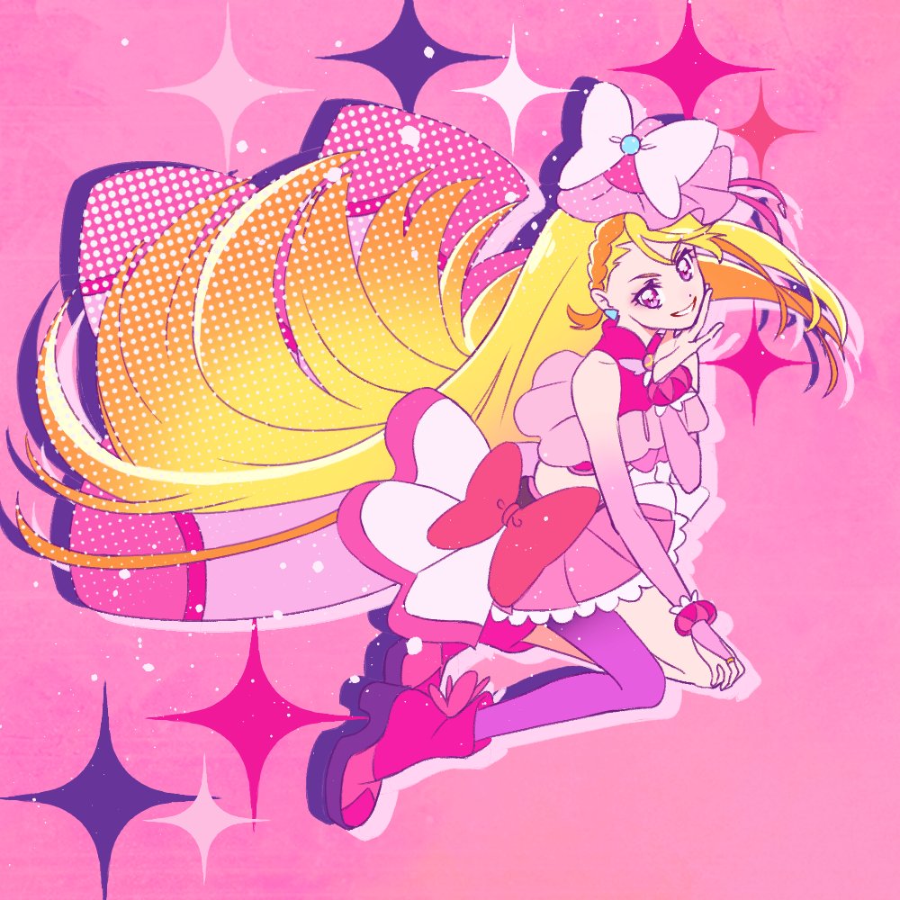 1girl, belt_bow, blonde_hair, boots, bridal_gauntlets, brooch, cure_butterfly, earrings