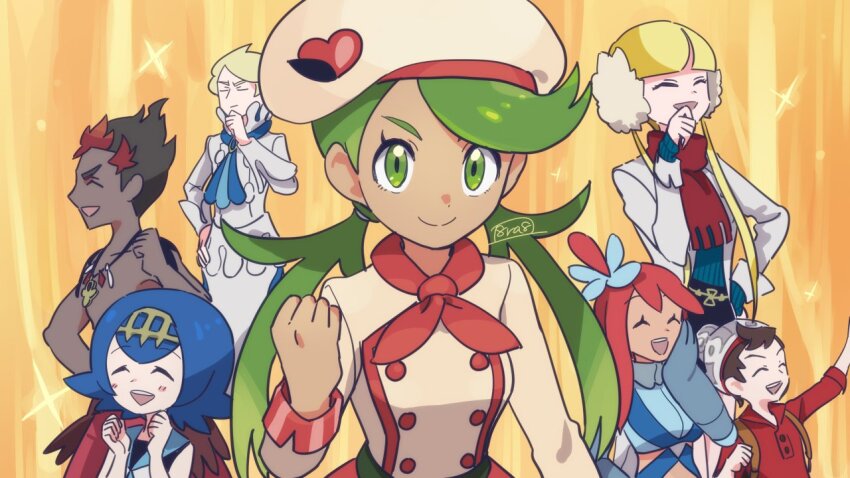 3boys, 4girls, ascot, blonde_hair, blue_hair, brown_hair, clenched_hand, closed_eyes