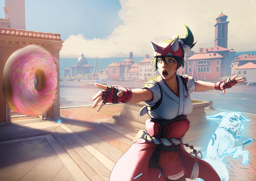 1girl, breasts, brown_eyes, building, day, donut, facial_mark, fingerless_gloves