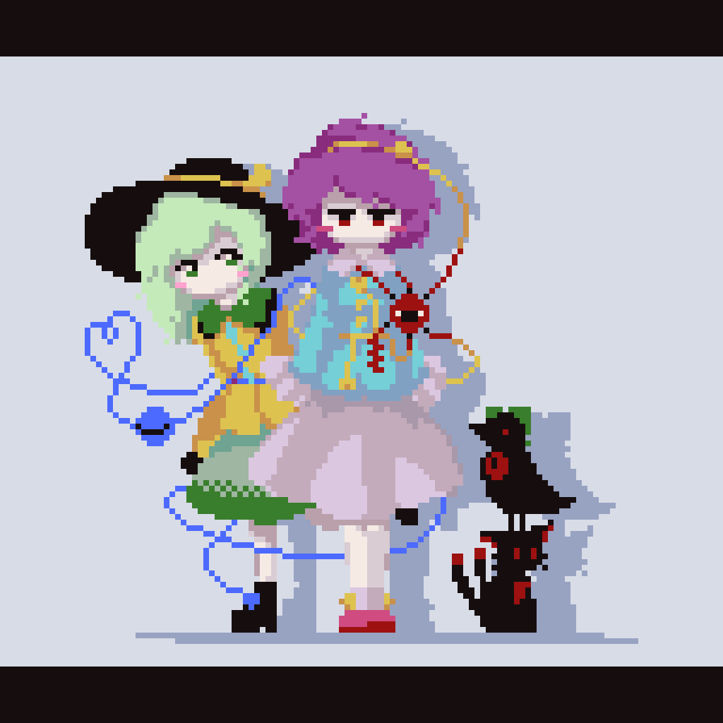 2girls, black_footwear, black_headwear, blouse, blue_shirt, blush_stickers, bow, eyeball