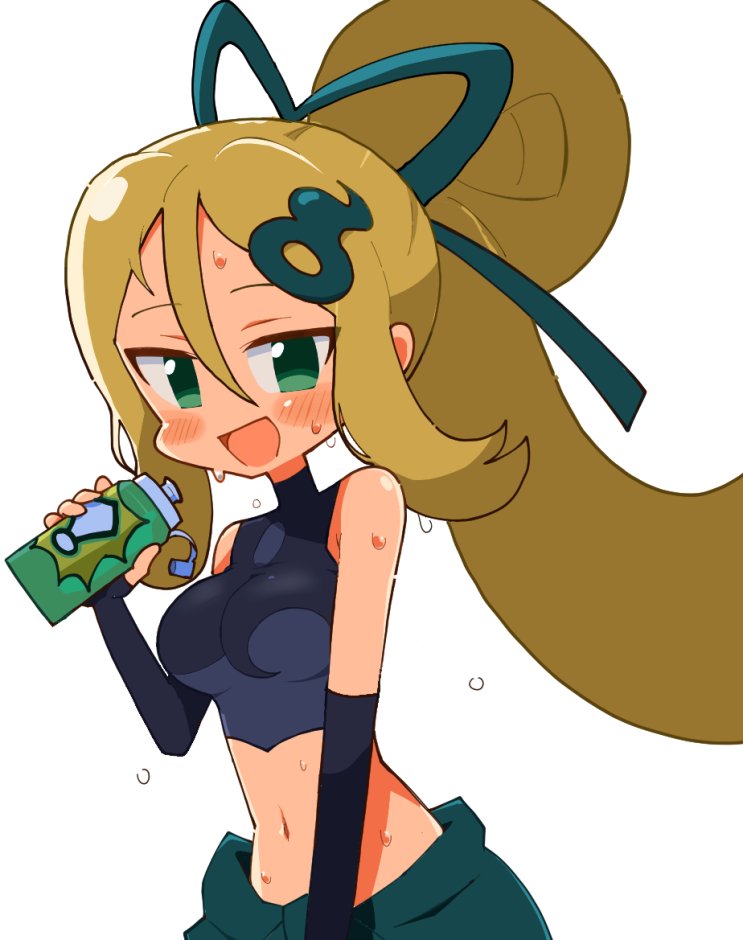 1girl, :d, bare_shoulders, black_gloves, black_shirt, blonde_hair, blush, bottle