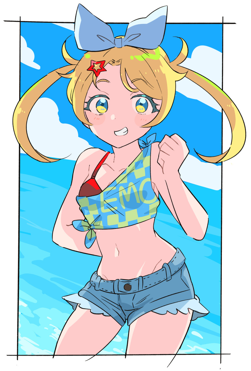 1girl, absurdres, beach, blue_bow, blush, bow, bra, collarbone, denim, denim_shorts, eyelashes, grin, hair_ornament, highres, kiratto_pri_chan, moegi_emo, navel, pretty_series, red_bra, shiraie, shirt, short_shorts, shorts, smile, solo, star_(symbol), star_hair_ornament, summer, tied_shirt, twintails, underwear, yellow_eyes