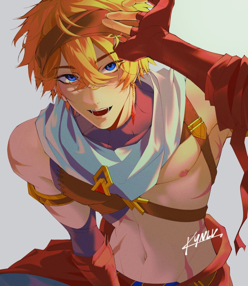 1boy, abs, absurdres, arm_up, artist_name, bandaged_arm, bandages, blue_eyes, chest_harness, earrings, genshin_impact, hair_between_eyes, harness, headband, highres, jewelry, kynlv, leaning_forward, looking_at_viewer, male_focus, nipples, open_mouth, orange_hair, scar, scar_on_stomach, scarf, sharp_teeth, short_hair, simple_background, single_earring, sleeveless, solo, tartaglia_(genshin_impact), teeth, tongue, white_background, white_scarf