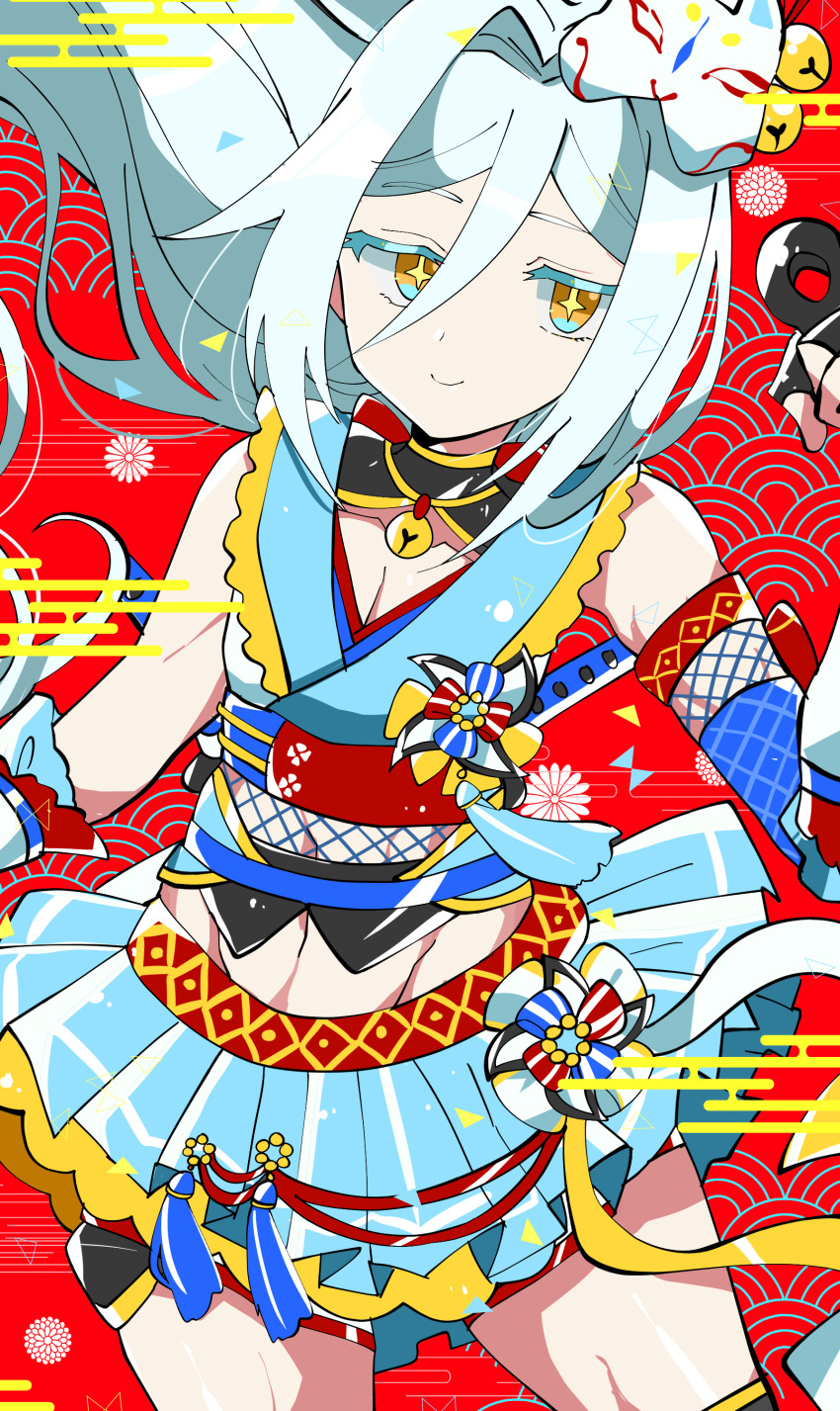 1girl, absurdres, bare_shoulders, bell, colored_eyelashes, fishnet_armwear, fox_mask, gloves