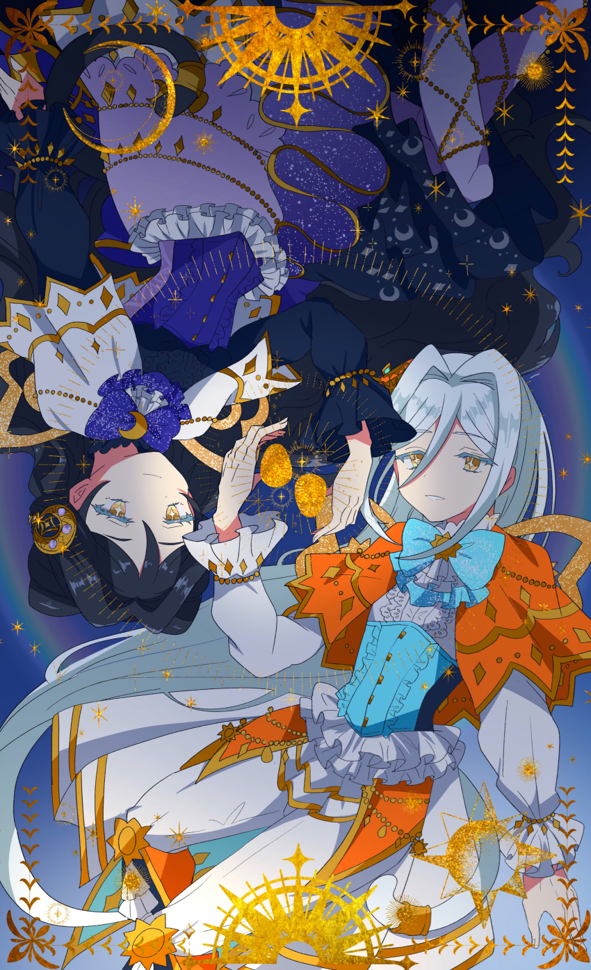 2girls, absurdres, black_hair, blue_background, blue_corset, bow, cat_tail, colored_eyelashes