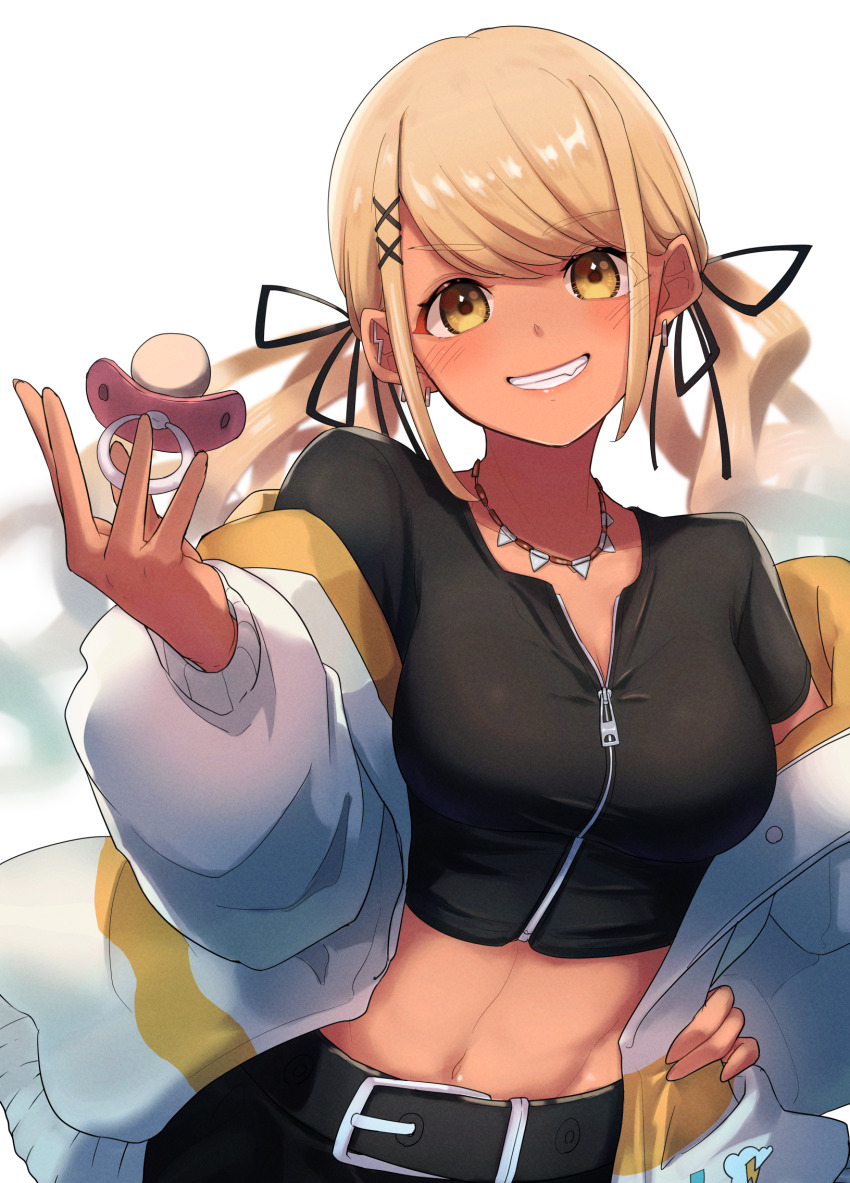 1girl, belt, black_belt, black_jacket, black_pants, black_ribbon, blonde_hair, breasts