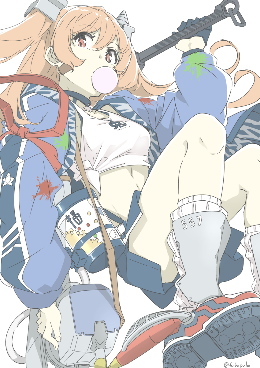 1girl, black_gloves, breasts, brown_eyes, chewing_gum, cropped_legs, facepaint, fake_horns, fubupula, gloves, headgear, highres, horns, johnston_(kancolle), kantai_collection, kneehighs, light_brown_hair, long_hair, medium_breasts, paintball, pleated_skirt, setsubun, ship_turret, single_glove, skirt, socks, stomach, tank_top, two_side_up