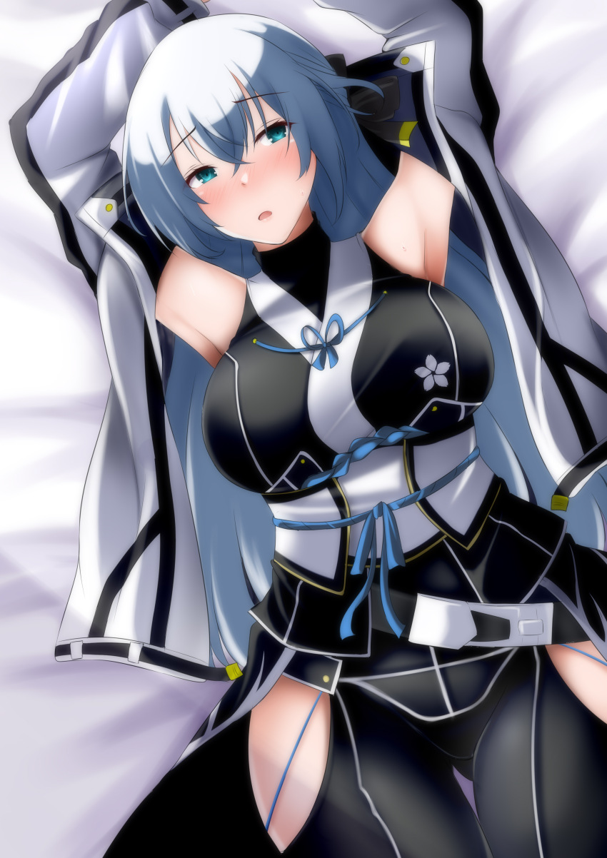 1girl, absurdres, armpits, bed, bed_sheet, blush, breasts, eiyuu_densetsu