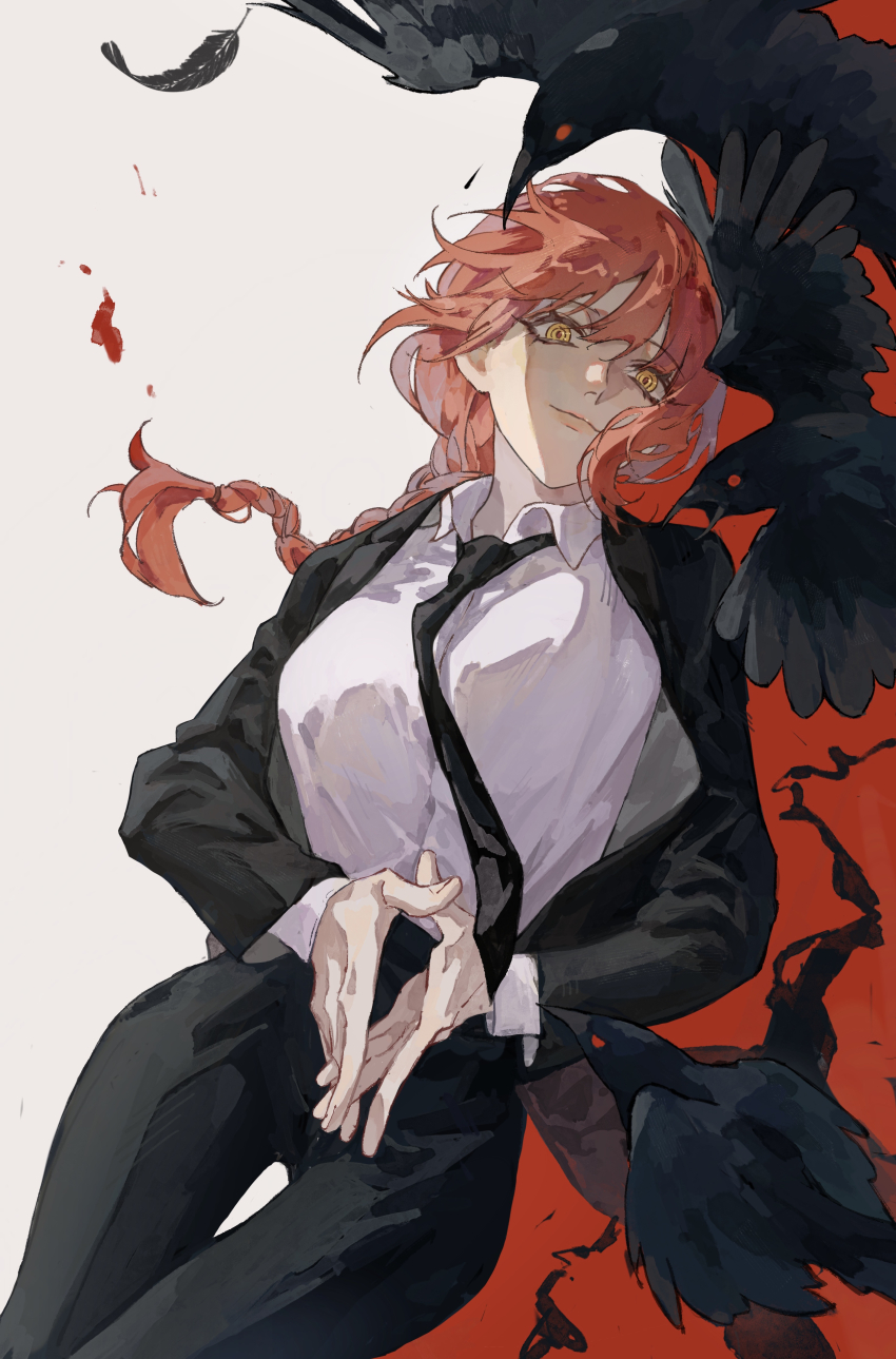 1girl, absurdres, bird, black_jacket, black_necktie, black_pants, braid, braided_ponytail