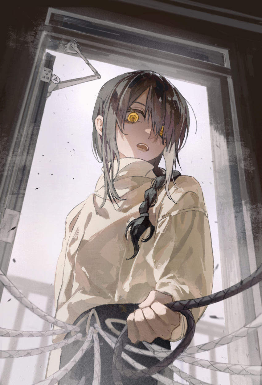 1girl, absurdres, black_hair, braid, braided_ponytail, chainsaw_man, doorway, hair_over_one_eye, hair_over_shoulder, highres, holding, holding_leash, leash, leash_belt, looking_at_viewer, medium_hair, nayuta_(chainsaw_man), open_mouth, pov, ringed_eyes, shirt_tucked_in, solo, sweater, viewer_on_leash, white_sweater, yellow_eyes, zuosha