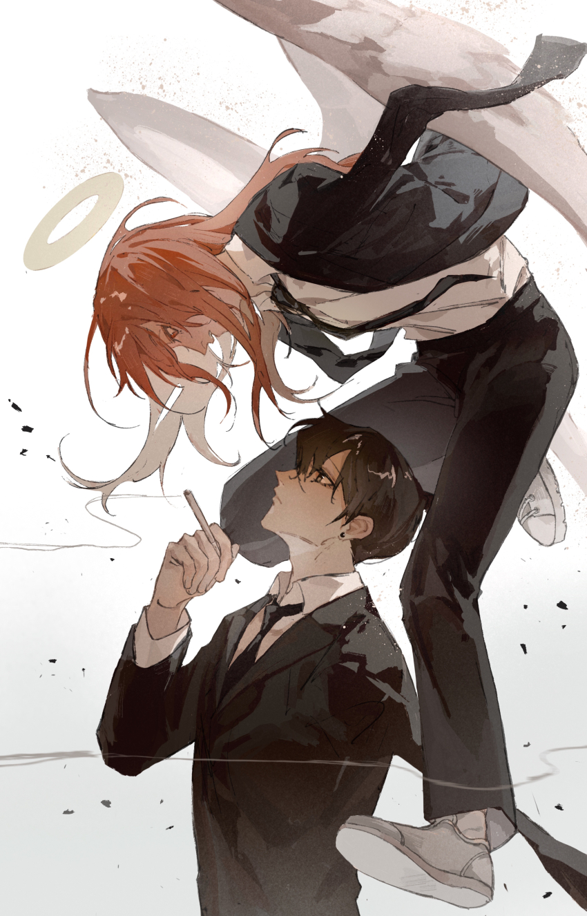 2boys, absurdres, amputee, angel, angel_devil_(chainsaw_man), angel_wings, armlet, black_jacket