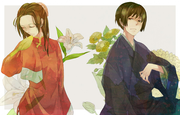 2boys, axis_powers_hetalia, bird, china_(hetalia), chinese_clothes, chrysanthemum, flower, hino_h, japan_(hetalia), japanese_clothes, kimono, lily_(flower), long_hair, multiple_boys, short_hair