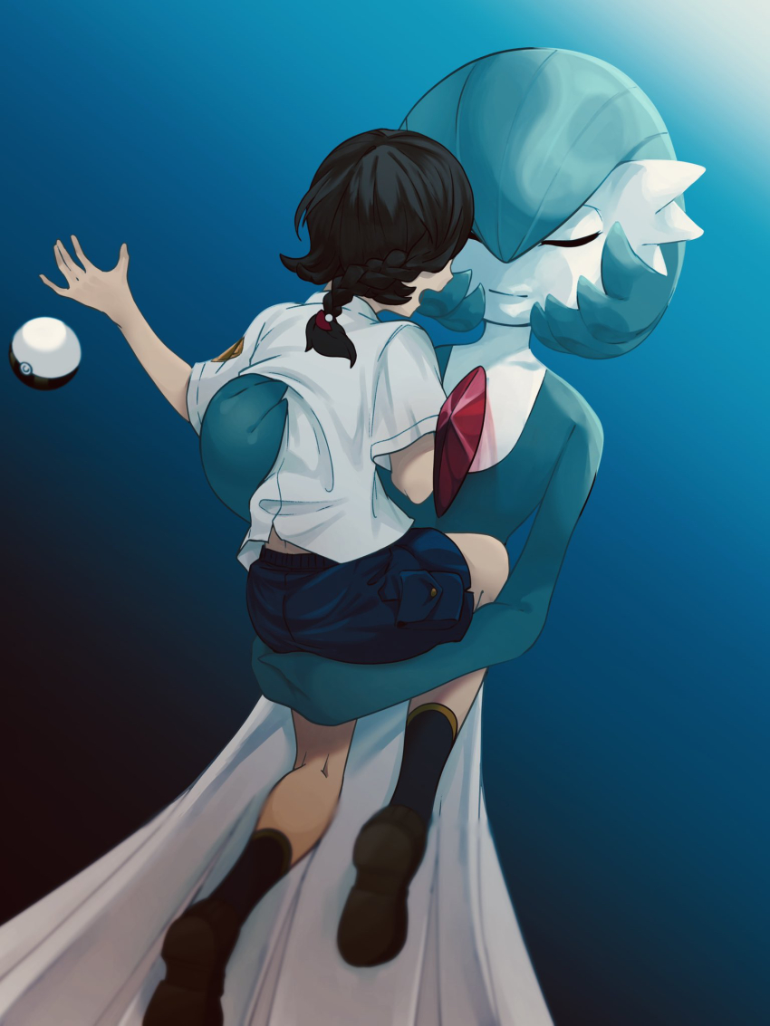 2girls, black_hair, blue_background, blue_shorts, blue_socks, bob_cut, braid, brown_footwear, carrying, closed_eyes, closed_mouth, colored_skin, dutch_angle, female_focus, flat_chest, from_behind, gardevoir, gen_3_pokemon, gradient_background, green_hair, green_skin, hair_between_eyes, hair_ornament, hairclip, hand_up, happy, highres, hotarubi_(bugkhdu), hug, juliana_(pokemon), kneehighs, kneepits, medium_hair, multicolored_skin, multiple_girls, nintendo, open_mouth, pocket, poke_ball, poke_ball_theme, pokemon, pokemon_(creature), pokemon_scarlet_and_violet, shirt, shoes, short_hair, short_shorts, short_sleeves, shorts, simple_background, single_braid, smile, socks, split_mouth, standing, two-tone_skin, u_u, ultra_ball, white_shirt, white_skin