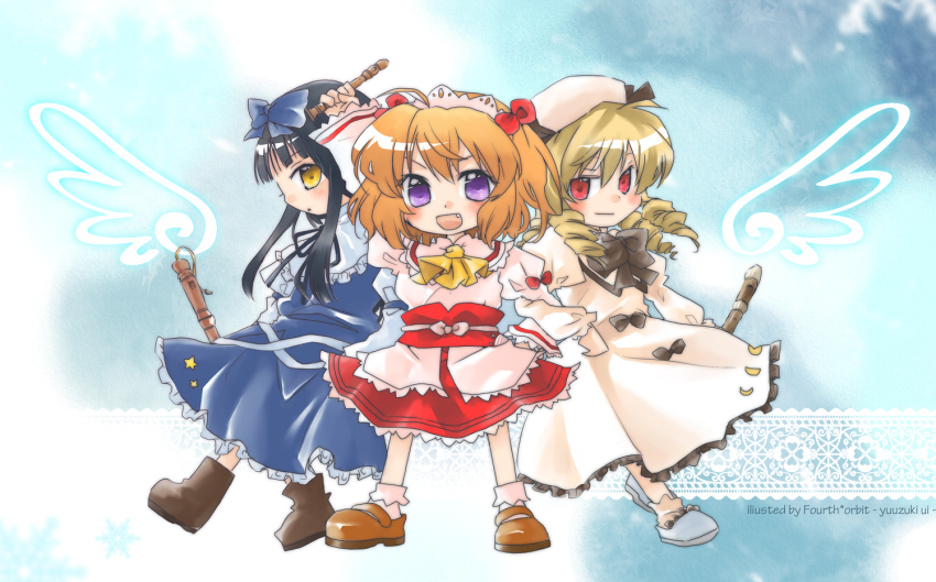 3girls, artist_name, black_hair, blonde_hair, blue_ribbon, blush, brown_footwear, crescent