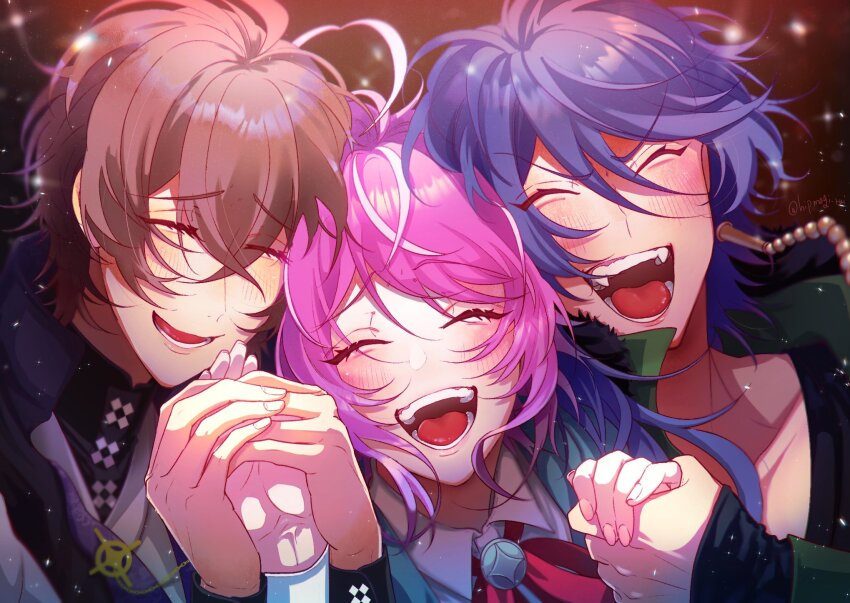 3boys, ahoge, amemura_ramuda, arisugawa_dice, blue_hair, blurry, blurry_background, blush