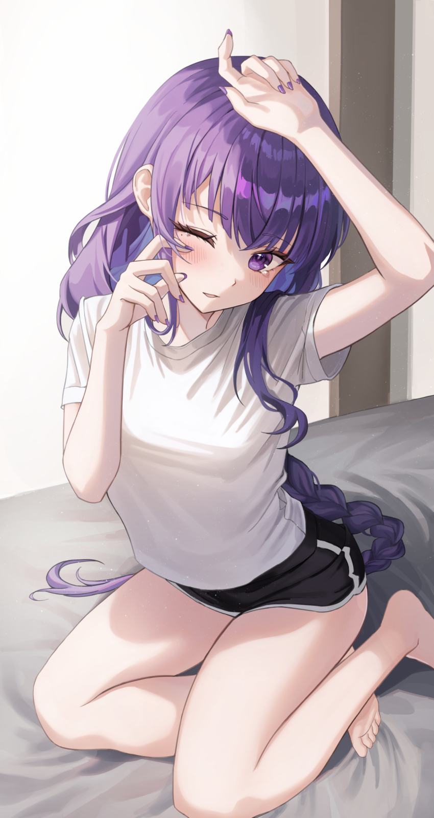 1girl, absurdres, alternate_costume, arm_up, bare_legs, barefoot, bed_sheet, black_shorts