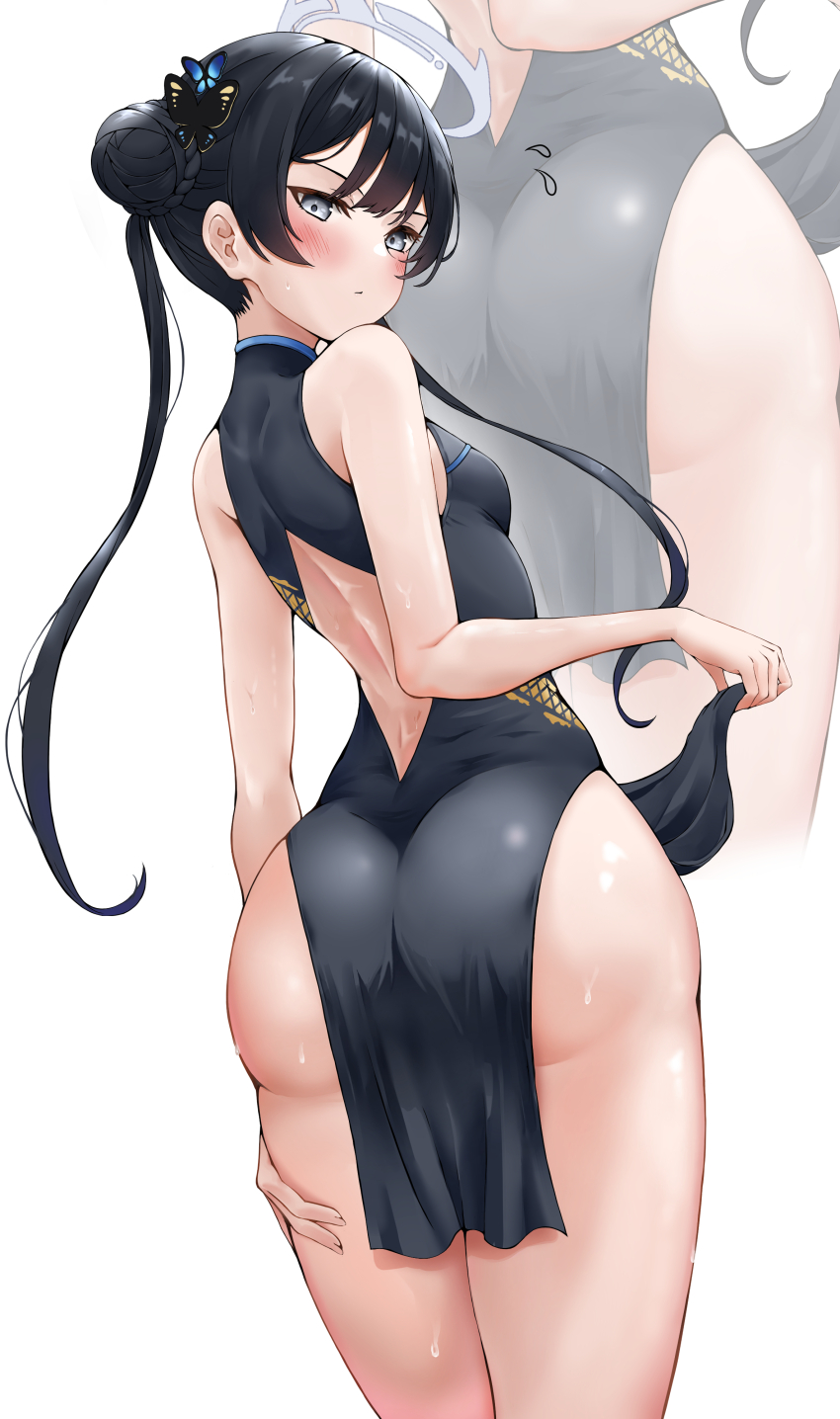 1girl, absurdres, ass, back, back_cutout, bare_shoulders, black_dress, black_hair
