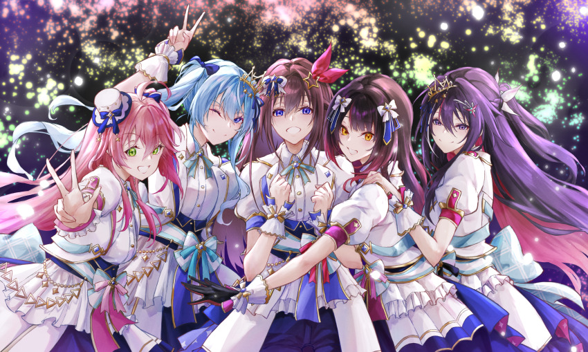 5girls, absurdres, asahi_tsujino, azki_(hololive), blue_eyes, blue_hair, brown_hair, dress