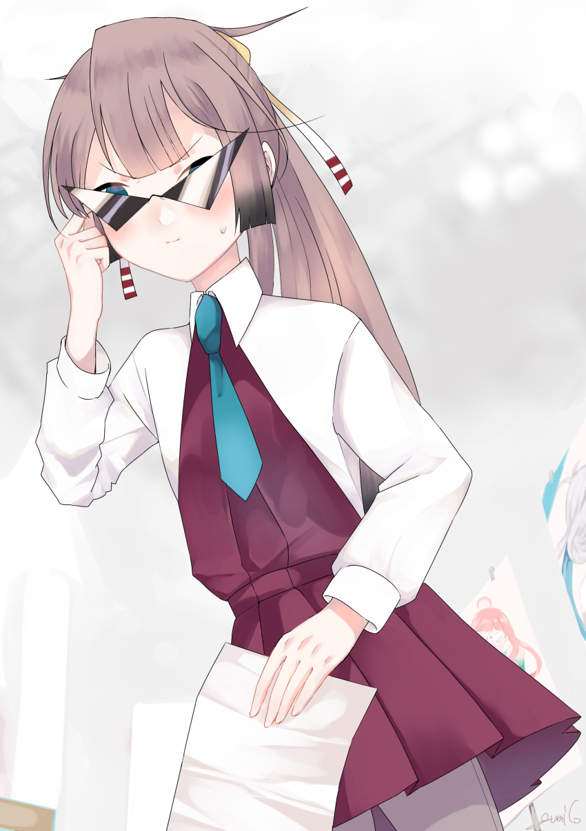 1girl, absurdres, blue_eyes, blue_necktie, blush, brown_hair, cowboy_shot, dress