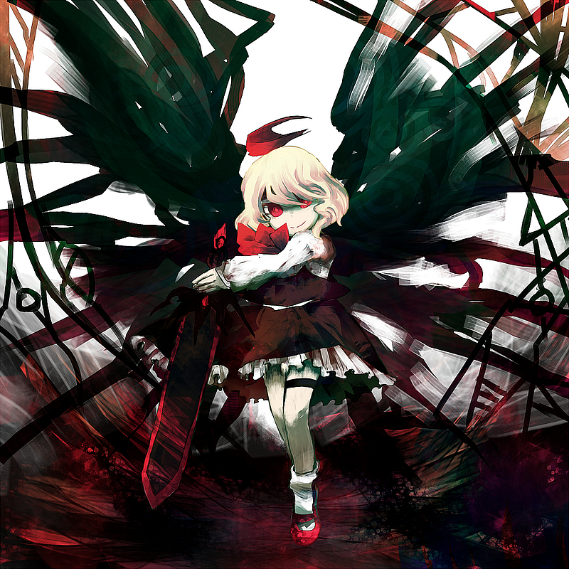 1girl, bad_id, bad_pixiv_id, blonde_hair, frilled_thigh_strap, embodiment_of_scarlet_devil, ex-rumia, female_focus, hair_ribbon, recolle, red_eyes, ribbon, rumia, shiroko_(re:colleta), short_hair, solo, sword, tadano_shiroko, thigh_strap, touhou, weapon
