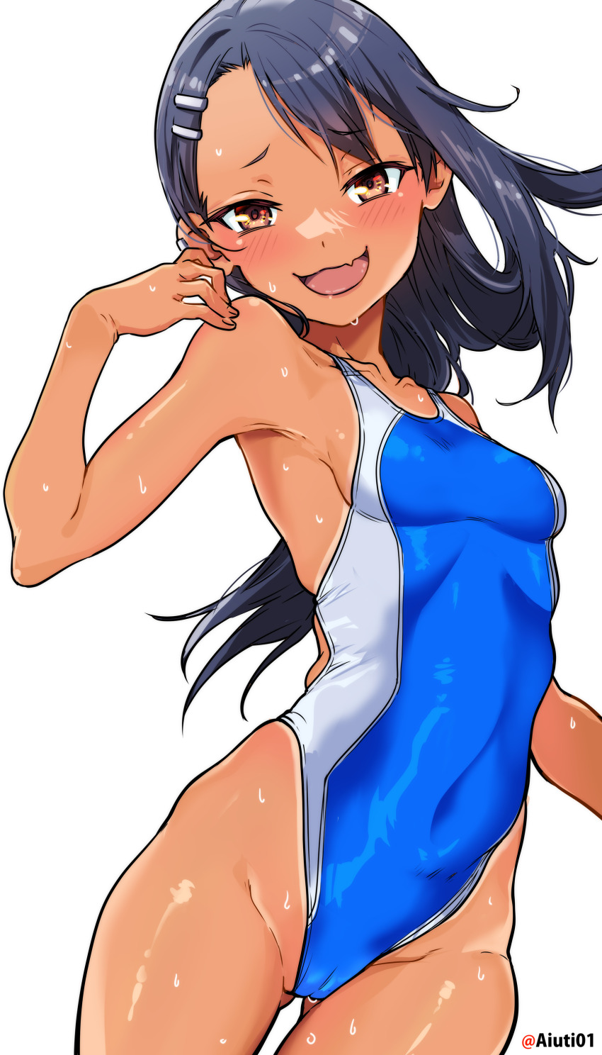 1girl, absurdres, aiuti, black_hair, blue_one-piece_swimsuit, brown_eyes, competition_swimsuit, cowboy_shot, fang, forehead, hair_ornament, hairclip, highleg, highleg_one-piece_swimsuit, highres, ijiranaide_nagatoro-san, long_hair, looking_at_viewer, nagatoro_hayase, one-piece_swimsuit, shiny_skin, simple_background, skin_fang, smile, solo, swimsuit, tan, two-tone_swimsuit, wet, wet_clothes, wet_swimsuit, white_background, wide_hips