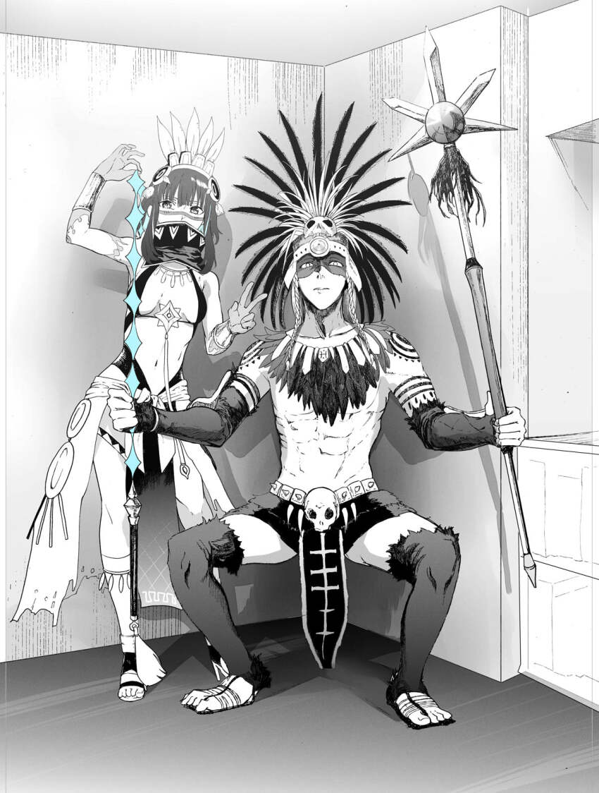 1boy, 1girl, braid, facepaint, fate/grand_order, fate_(series), greyscale, headdress