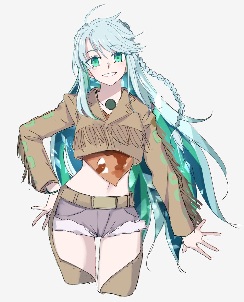 1girl, belt, belt_buckle, blue_hair, bracelet, braid, breasts, brown_jacket, brown_pants, buckle, colored_inner_hair, cropped_jacket, cropped_legs, cutoffs, denim, detached_pants, fate/grand_order, fate_(series), fringe_trim, green_eyes, green_hair, grey_shorts, grin, highres, jacket, jewelry, kukulkan_(fate), kukulkan_(first_ascension)_(fate), large_breasts, light_blue_hair, long_hair, long_sleeves, looking_at_viewer, midriff, multicolored_hair, navel, necklace, pants, short_shorts, shorts, sidelocks, smile, snake_print, solo, thighs, yamamon_0
