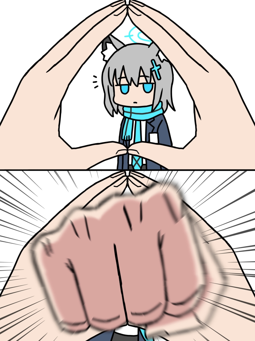 1girl, 2koma, animal_ear_fluff, animal_ears, blue_archive, comic, cross_hair_ornament, grey_hair