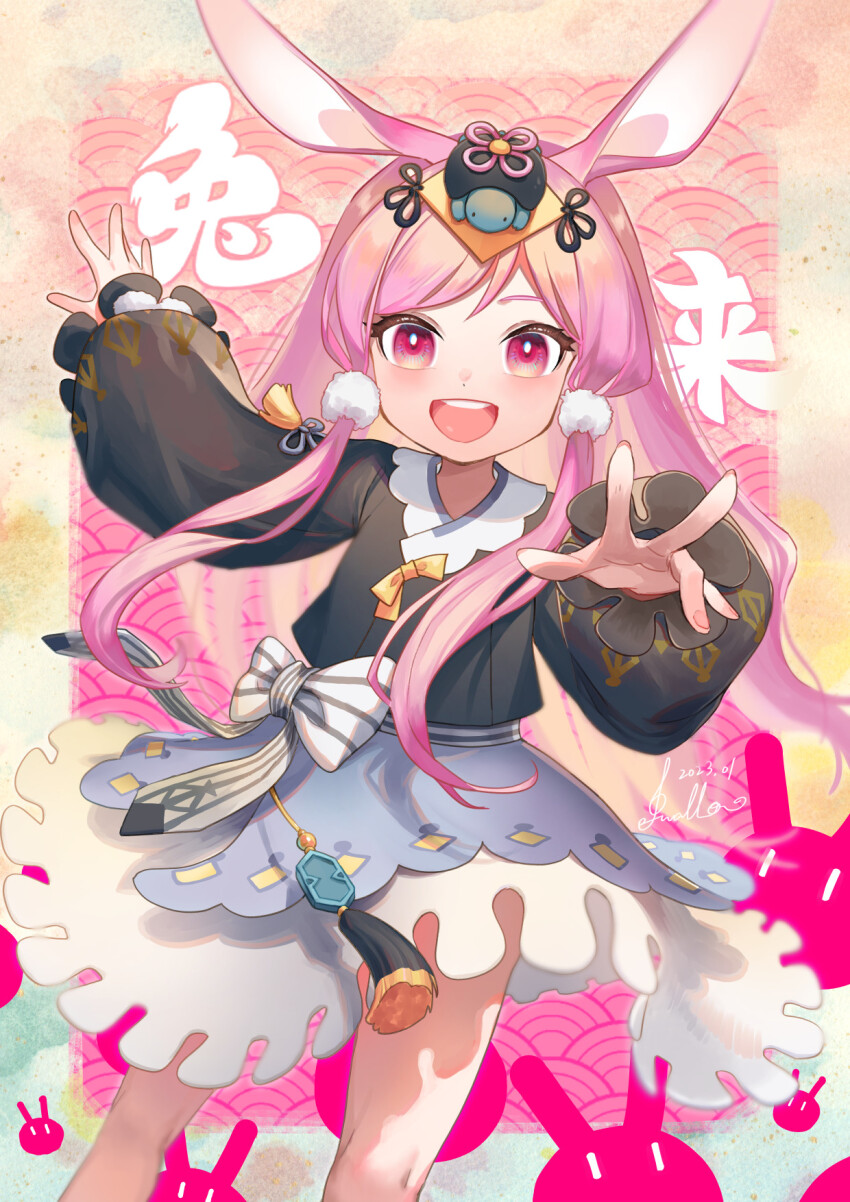 1girl, :d, animal_ears, artist_name, asymmetrical_bangs, bare_legs, black_jacket, blue_skirt