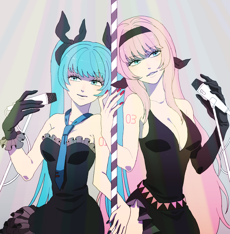 2girls, 2gqw2gqw, aqua_eyes, aqua_hair, bad_id, bad_pixiv_id, black_nails, breasts