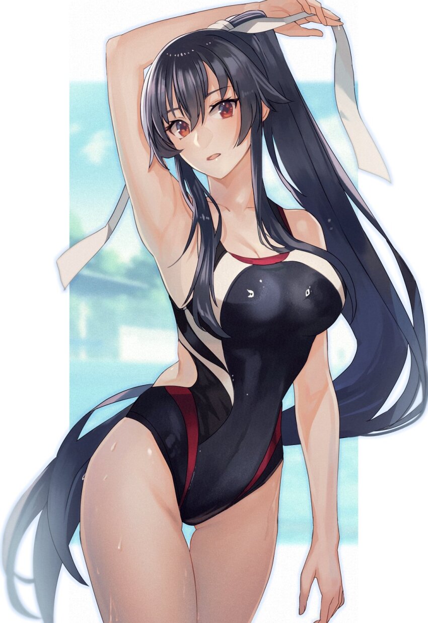 1girl, black_hair, black_one-piece_swimsuit, blurry, blurry_background, breasts, competition_swimsuit, covered_navel, cowboy_shot, highleg, highleg_one-piece_swimsuit, highres, kantai_collection, kasumi_(skchkko), large_breasts, long_hair, multicolored_swimsuit, one-piece_swimsuit, open_mouth, outdoors, ponytail, red_eyes, scrunchie, solo, swimsuit, wet, wet_clothes, wet_swimsuit, white_background, yahagi_(kancolle), yahagi_(swimsuit)_(kancolle)