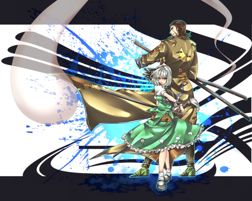 1boy, 1girl, brown_hair, coat, crossover, discharge_cycle, green_eyes, katakura_kojuurou_(sengoku_basara)