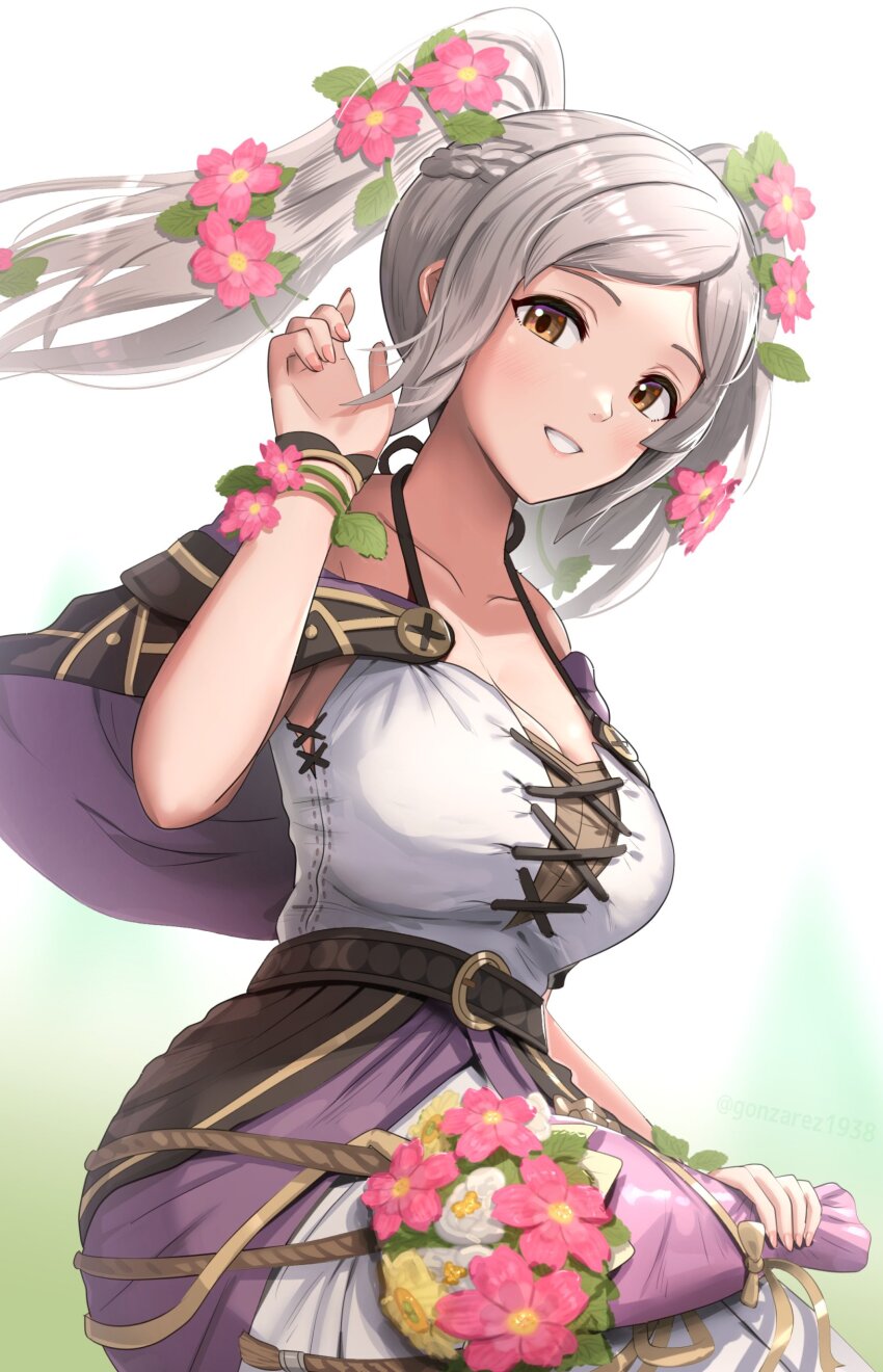 1girl, absurdres, adjusting_hair, belt, bouquet, braid, breasts, brown_eyes, cleavage, collarbone, dress, female_robin_(fire_emblem), fire_emblem, fire_emblem_awakening, fire_emblem_heroes, flower, gonzarez, hair_flower, hair_ornament, hand_up, highres, holding, holding_bouquet, looking_at_viewer, medium_breasts, nail_polish, nintendo, official_alternate_costume, pink_nails, female_robin_(valentine)_(fire_emblem), smile, solo, teeth, twintails, upper_body, white_dress, white_hair