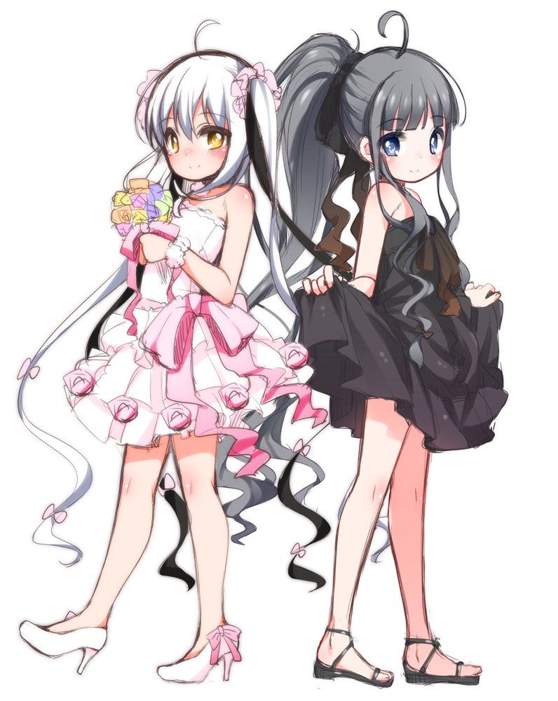 2girls, ahoge, bare_arms, bare_shoulders, black_bow, black_dress, black_hair, black_sandals, blue_eyes, blunt_bangs, blush, bouquet, bow, closed_mouth, commentary_request, dress, flower, full_body, gokotai_yoshimitsu, grey_hair, hair_bow, high_heels, high_ponytail, holding, holding_bouquet, holding_own_dress, long_hair, looking_at_viewer, looking_to_the_side, multicolored_hair, multiple_girls, namazuo_toushirou_(tenka_hyakken), pink_ribbon, ponytail, ribbon, sandals, scrunchie, shouji_ayumu, sidelocks, simple_background, sleeveless, sleeveless_dress, smile, solo, standing, tenka_hyakken, two-tone_hair, very_long_hair, wedding_dress, white_background, white_dress, white_hair, yellow_eyes