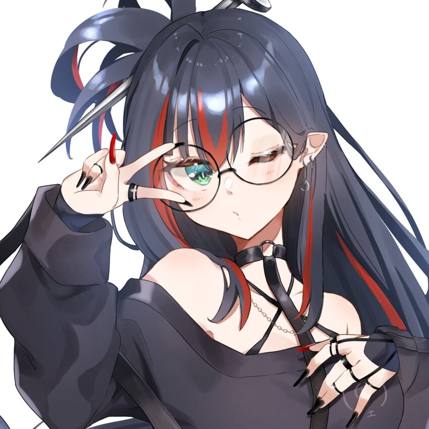 1girl, bare_shoulders, black_hair, black_nails, blush, breasts, chain, choker