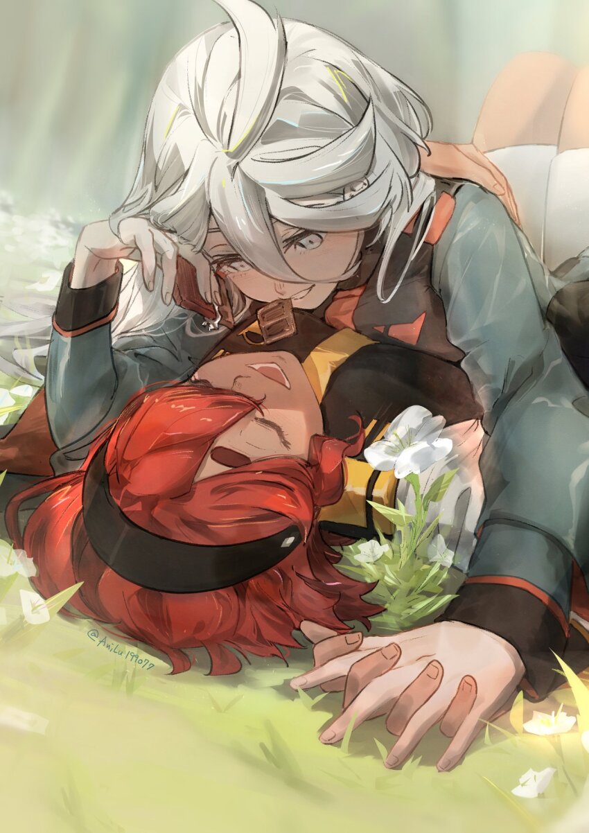 2girls, ahoge, ani_lu, asticassia_school_uniform, black_hairband, blush, chocolate, closed_eyes