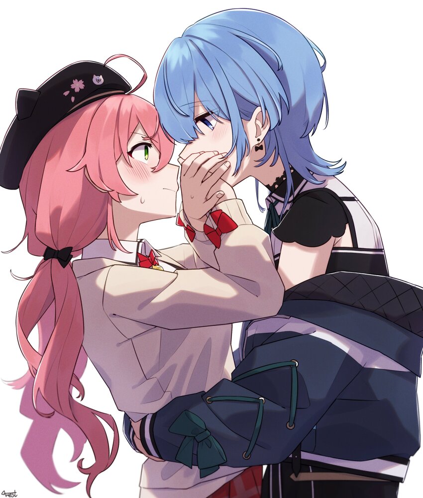 2girls, absurdres, ahoge, arms_around_another's_waist, black_headwear, blue_eyes, covering_another's_mouth, earrings