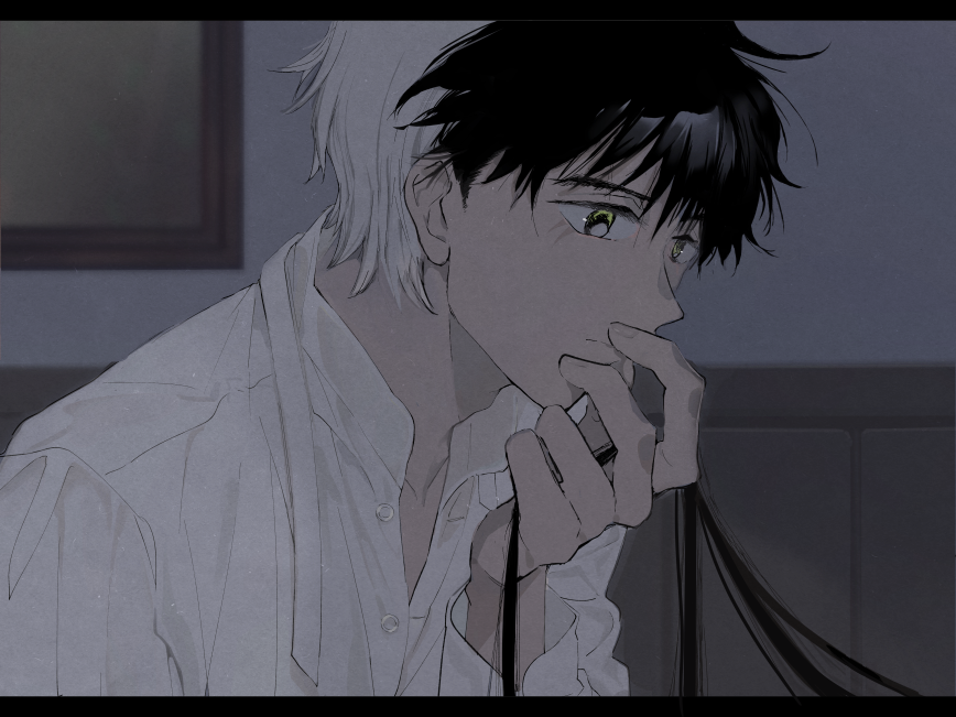 1boy, black_hair, blurry, collared_shirt, covering_own_mouth, depth_of_field, colored_bangs, facial_scar