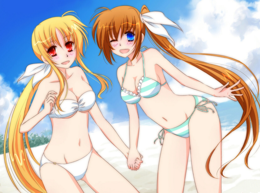 00s, 10s, 2girls, aged_up, bandeau, beach, bikini, blonde_hair, blue_eyes, blush, breasts, brown_hair, cleavage, cloud, couple, day, fate_testarossa, frilled_bikini, frills, hachikei, holding_hands, long_hair, lyrical_nanoha, mahou_senki_lyrical_nanoha_force, mahou_shoujo_lyrical_nanoha, mahou_shoujo_lyrical_nanoha_strikers, mahou_shoujo_lyrical_nanoha_vivid, medium_breasts, multiple_girls, outdoors, ponytail, red_eyes, side-tie_bikini_bottom, side_ponytail, sky, smile, strapless, striped_bikini, striped_clothes, swimsuit, takamachi_nanoha, tube_top, very_long_hair, wife_and_wife, yuri