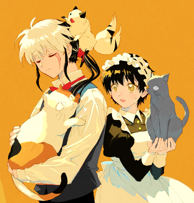 1boy, 1girl, :3, alternate_costume, animal, animal_on_head, apron, black_dress, black_hair, bow, bowtie, breasts, buyo_(inuyasha), calico_(pattern), cat, climbing, closed_eyes, closed_mouth, collared_dress, collared_shirt, creator_connection, crossover, dress, dress_shirt, colored_bangs, enmaided, facial_scar, frilled_apron, frilled_hairband, frills, grey_vest, haimaru, hairband, hands_up, holding, holding_animal, in_palm, inuyasha, kiba_nanoka, kirara_(inuyasha), long_hair, long_sleeves, looking_at_another, looking_away, looking_to_the_side, low_ponytail, maid, maid_apron, maid_headdress, mao_(mao), mao_(takahashi_rumiko), medium_breasts, multiple_tails, on_head, one-eyed, ponytail, red_bow, red_bowtie, ribbon-trimmed_hairband, roku_(tsua-kihuyu), scar, scar_on_cheek, scar_on_face, shirt, short_hair, sitting, smile, tail, two_tails, upper_body, vest, white_apron, white_hair, white_shirt, wing_collar, yellow_background, yellow_eyes, yellow_theme