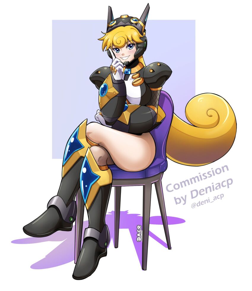 1girl, blonde_hair, capcom, commission, deniacp, female_focus, helmet, highres