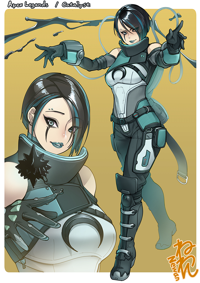 1girl, animification, apex_legends, black_hair, blue_eyes, blue_lips, boots, breasts, catalyst_(apex_legends), ear_piercing, eyebrow_piercing, face_piercing, gloves, lipstick, liquid, makeup, medium_breasts, neone, piercing, short_hair, signature, smile, solo, thick_thighs, thighs, yellow_background