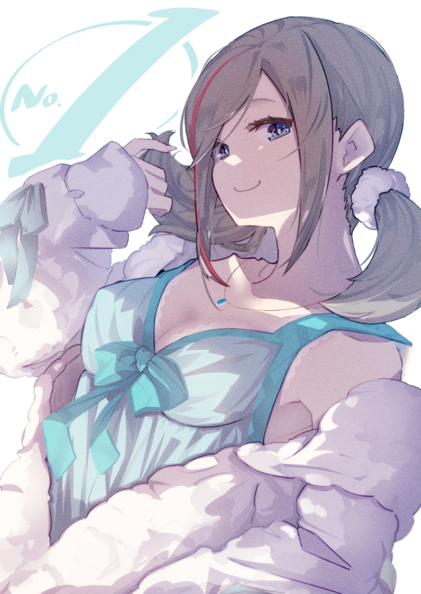 1girl, blue_camisole, blue_eyes, breasts, brown_hair, camisole, hair_ornament, hair_scrunchie