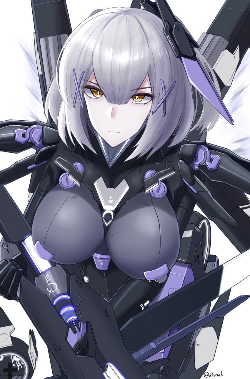 1girl, breasts, cyborg, d4vcmk, grey_hair, hair_between_eyes, hair_ornament, highres, large_breasts, mechanical_arms, mechanical_hands, mechanical_legs, medium_hair, orange_eyes, punishing:_gray_raven, rosetta:_rigor_(pgr), rosetta_(pgr), twitter_username, white_background, x_hair_ornament