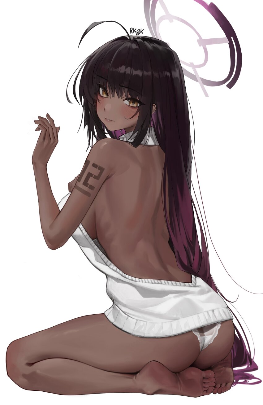 1girl, absurdres, ahoge, alternate_costume, arm_tattoo, ass, back, backless_outfit