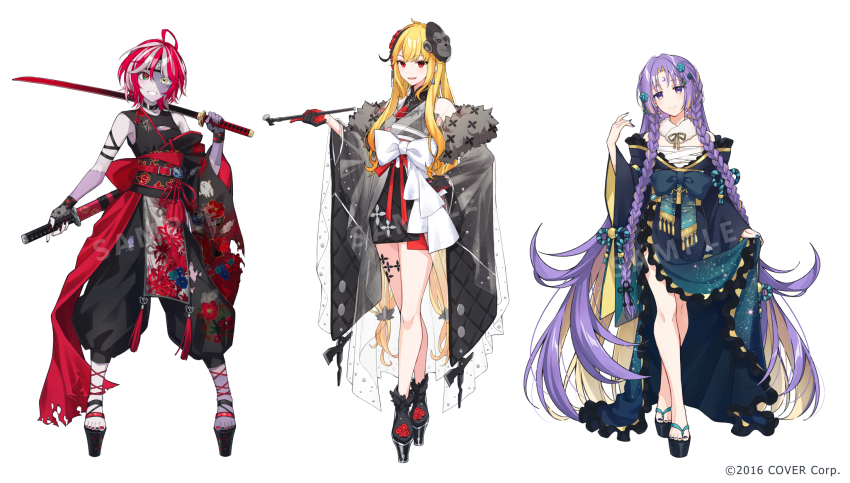 3girls, absurdly_long_hair, ahoge, axe, bare_legs, belt, black_collar, black_footwear