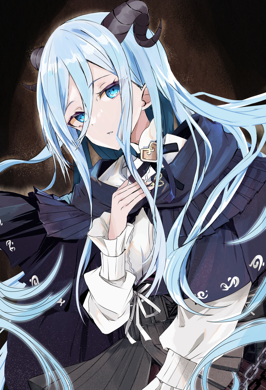 1girl, black_background, black_skirt, blue_capelet, blue_eyes, blue_hair, boku_no_ashiato_kimi_no_yukusaki_(project_sekai), capelet