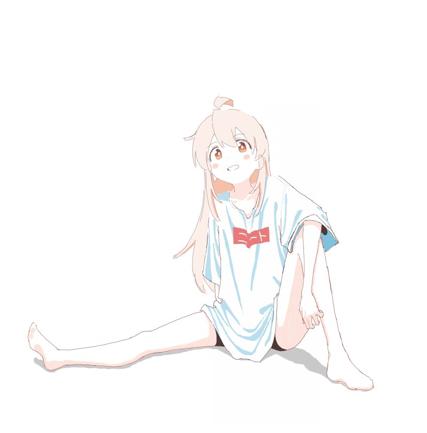 1girl, absurdres, ahoge, bare_legs, clothes_writing, commentary_request, highres, long_hair, onii-chan_wa_oshimai!, oversized_clothes, oversized_shirt, oyama_mahiro, shirt, sitting, sketch, solo, wakaryang, white_background, white_shirt