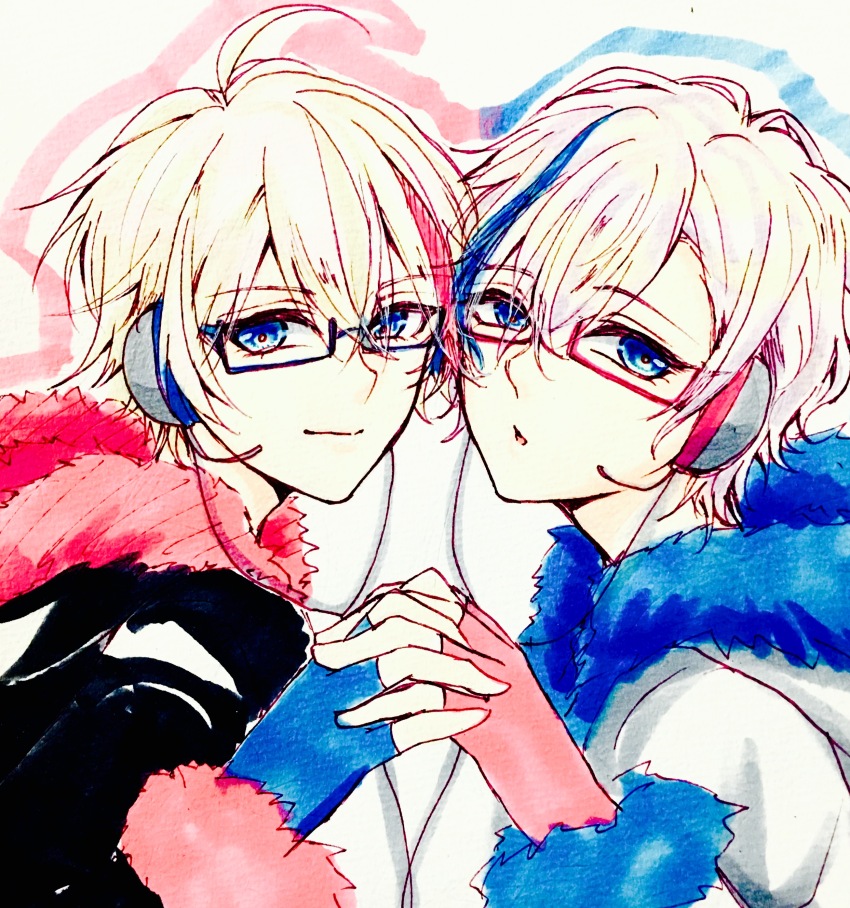 2boys, absurdres, aya17, brothers, closed_mouth, fingerless_gloves, fur-trimmed_jacket, fur_trim, glasses, gloves, headphones, highres, hood, hood_down, i-chu, jacket, kururugi_mutsuki, kururugi_satsuki, long_sleeves, looking_at_viewer, male_focus, multiple_boys, parted_lips, short_hair, siblings, smile, twins